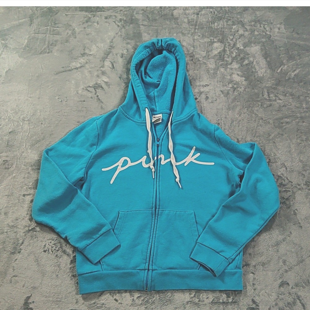 Victorias Secret PINK Full Zip Hoodie Turquoise Blue Script Logo Sweatshirt M